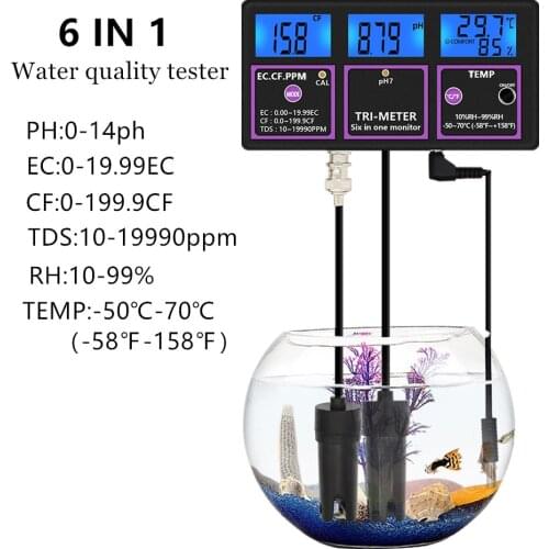 6 in 1 PH/Temp/EC/CF/RH/TDS Meter PH Tester Online Multi-parameter Water Quality Tester EC Detector Conductivity Monitor 50%off