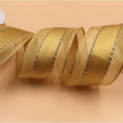 38mm X 25yards Wired Silver Lines Golden Organza Edge Satin Ribbon. Gift Bow,Wedding,Cake Wrap,Tree Decoration,Wreath N1031