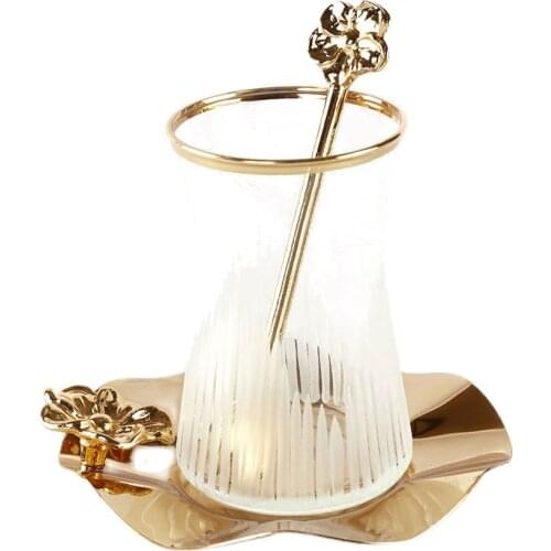 Tea Set 18 Piece Glass Plate and Spoon Gold Color