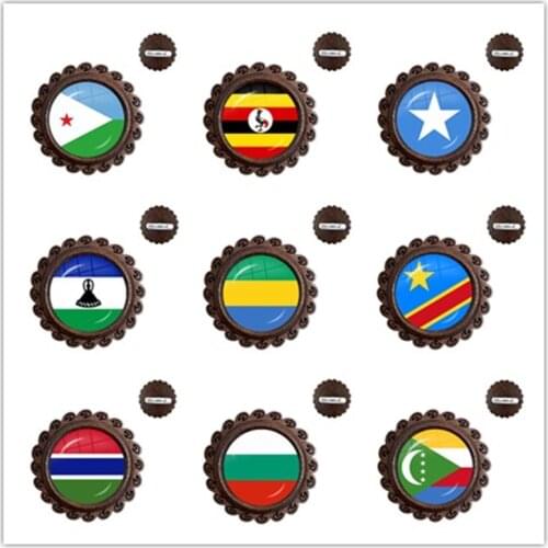 Djibouti,Uganda,Gambia,Congo,Gabon,Comoros,Lesotho,Somalia,Bulgaria National Flag Wood Glass Cabochon Brooches Collar Pins Gift