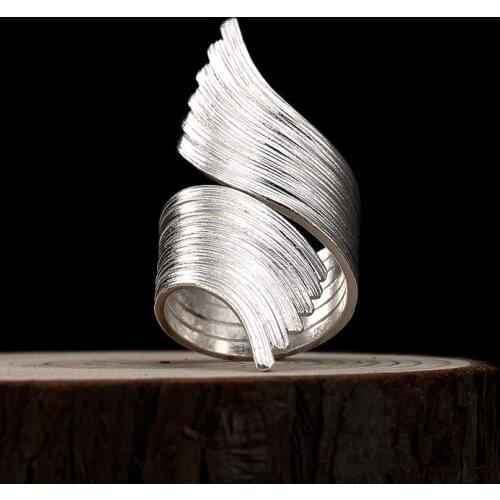 Silver 925 Jewelry Brushed Wings Silver Ring Exaggerated Super Wide Opening Rings For Women Party Engagement Anniversary Rings