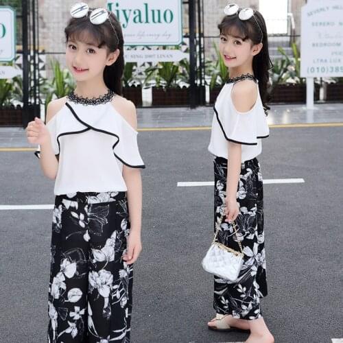 Kids Girls Clothes Sets Cute Princess T-shirt and Flowers Wide-legged Trousers Chiffon Pants Children Clothing Set 4-14 Ages