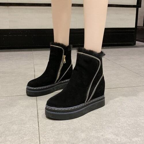 Flock Zipper Chunky Snow Boots Women New Winter Warm Short Plush Round Toe Ankle Boots Woman Casual Platform Cotton Shoes