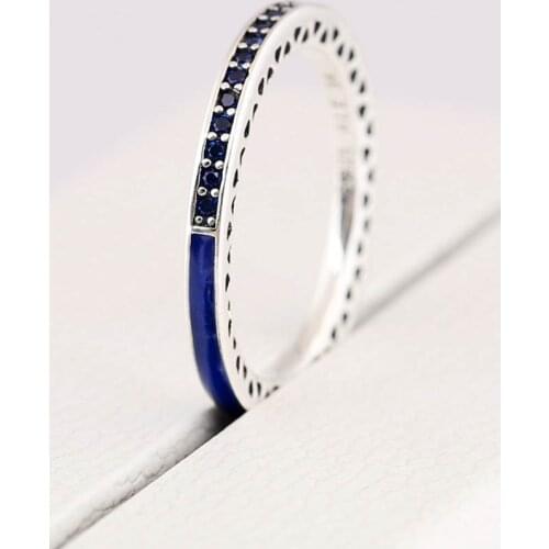 Authentic S925 Ring Radiant Hearts Ring for Women Clear CZ Crystal Lady Jewelry Navy Enamel