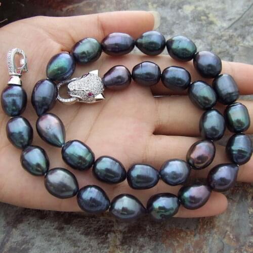 HOT 11-13MM NATURAL SOUTH SEA BAROQUE BLACK PEARL NECKLACE 18 INCH Leopard Clasp