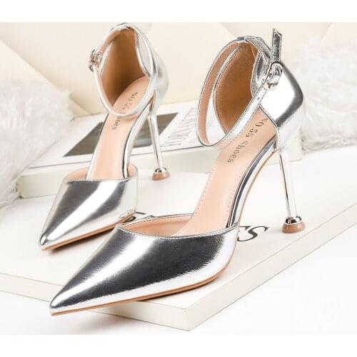 Sexy Pearl Heel Buckle Women Sandals Patent Leather Pointed Toe High Heels Shoes Woman Shallow Concise Ladies Office Shoes Party
