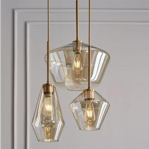 Diamond Amber Glass Pendant Light Post-modern Stainless Steel Shape Kitchen Hanging Lamp Loft Hanglamp Living Room Pendant Lamp