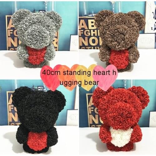 Dropshipping New Standing 40cm Bear Of Roses Artificial Flower Teddy Rose Bear Heart For Valentines Wedding Christmas Gifts Box