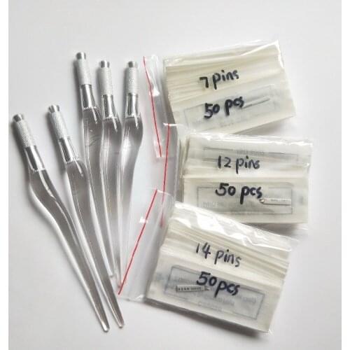5pcs Eyebrow Microblading PCD Manual Pens with 150pcs( 7/12/14pins) Permanent Makeup Manual Blades