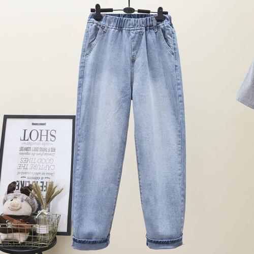 S-5XL Plus Size Elastic Waist Denim Straight Harem Pants Casual Loose Boyfriend Jeans For Women Streetwear Womens Jeans C7028