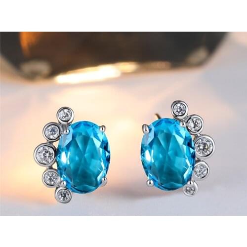 Aqua Blue Birthstone Cute Oval Zircon Stud Earrings For Women Wedding Jewelry Vintage Silver Color Rainbow Crystal Earrings Gift