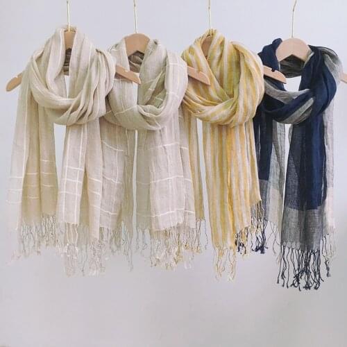 Natural Linen Scarf Plaid Mens Long Classic Vintage Fringed Soft Thin Womens Autumn Spring Travel Wrap Ladies Scarves
