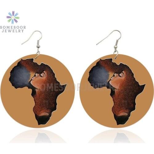 SOMESOOR African Map Ethnic Wooden Drop Earring Afro Natural Hair Black Curls Girl Painted Wood Dangle Jewelry For Women Gifts