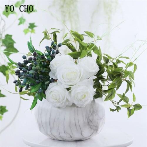 YO CHO 5 Heads Faux Rose Artificial Silk Flower Wedding Christmas Living Room Decoration Flower with Artificial Leaves Silk Rose