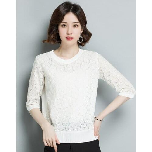 Spring Summer Women T-shirt Loose Korean Lace Knitted Top Tee Female Three-quarter Sleeve Round Collar Hollow Bottom Tops H9324