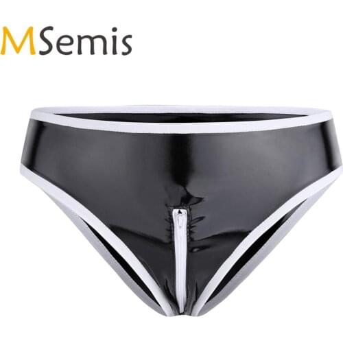 MSemis Womens Wetlook Patent Leather Lingerie Sexy White Trim Zipper Open Crotch Bikini Briefs Sissy G String Panties Underwear