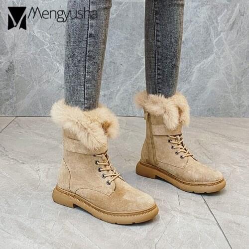 2020 rabbit fur snow boots women suede leather thicken plush winter booties cotton shoes woman furry ankle botas big size 43