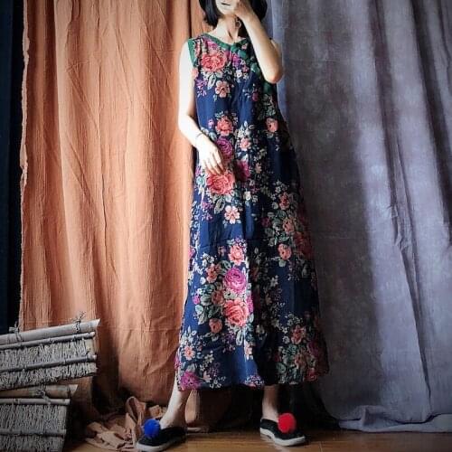 Johnature Cotton Print Loose Vintage Sleeveless Dress 2021 Autumn New Women Retro Casual Chinese Style Button O-neck Dress