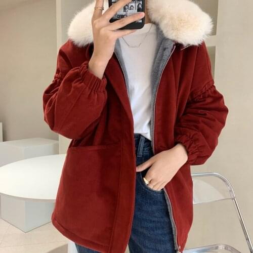 Winter womens padded jacket womens workwear stand-up collar loose coat bread coat rabbit fur collar cotton coat