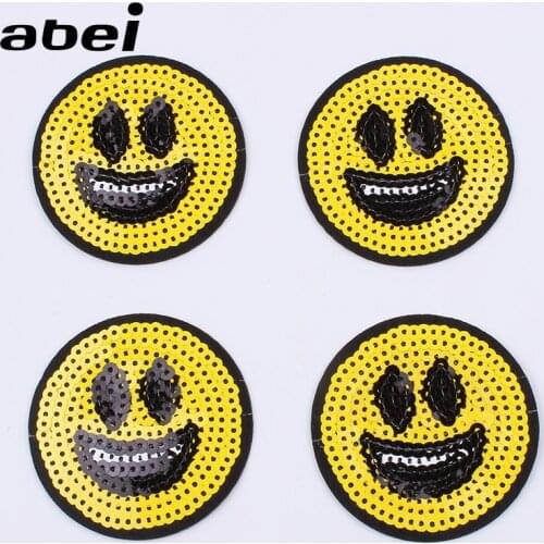 10PCS Sequined Smile Face Patch Iron On Embroidered Cartoon Stickers DIY Clothing Badge Shoes Backpack Pants Sew Accessories