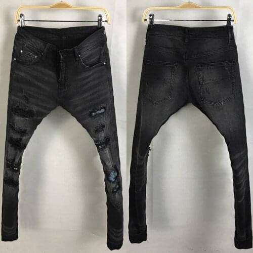 American Street Fashion Men Jeans Retro Black Gray Destroyed Ripped Jeans Men Elastic Patched Designer Hip Hop Slim Punk Pants