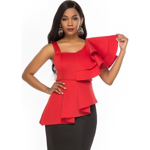 African Women Blouse Ruffles Red High Waist Shirts 2020 Summer Elegant Ladies Party Dinner Asymmetrical Tops Blouses