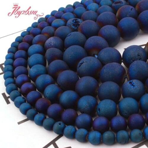 8,10,12,14mm Round Beads Blue Metallic Coated Druzy Agates Stone Beads For Necklace Bracelet Jewelry Making 15" Free Shipping