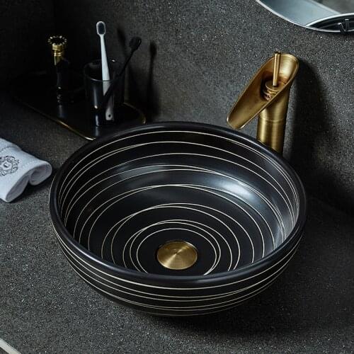 Black Patterned Counter Basin Antique Round Single Basin Ceramic Art Wash Basin Bathroom Texture Portable Sink Shampoo Sinks
