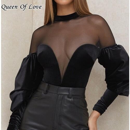 Black Velvet Bodysuit Women Sexy Puff Sleeve Bodycon Jumpsuit Patchwork See Through Mesh Party Winter Bodysuits Body Tops