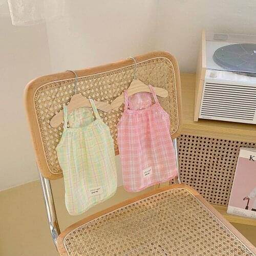 INS style Korean summer pink green plaid suspender skirt Bichon Teddy dog skirt pure cotton light and breathable pet clothes