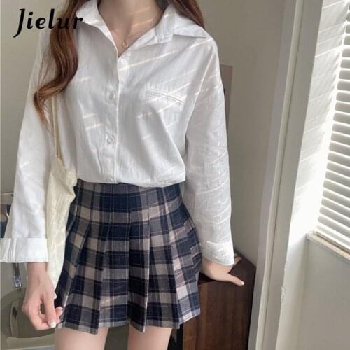 Jielur New Casual White Green Blouses for Women Turn-down Collar Ladies Shirts Spring Loose Outwear Harajuku Female Tops S-L