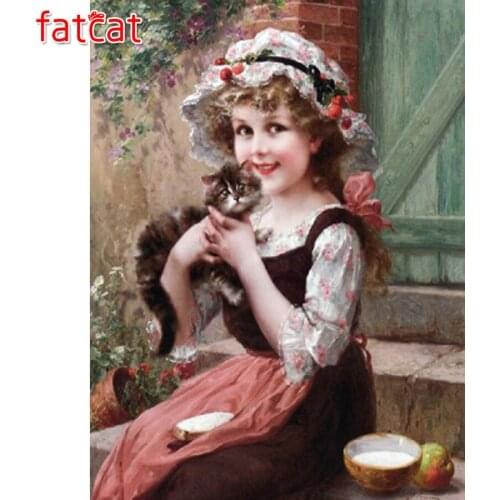 FATCAT Diamond Embroidery Girl loves cat 5D Diy Diamond Painting Full Square Round Resin Picture Needlework decoration AE734