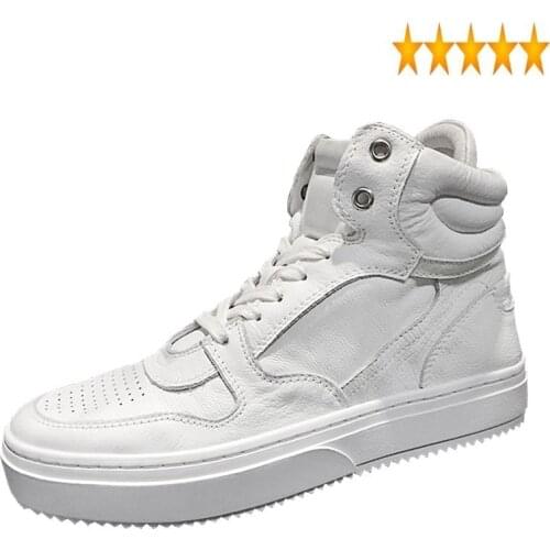 Casual Men Autumn Luxury Genuine Leather Cow White Lace-Up High-Top Sneakers Fashion Hip Hop Shoes Flats Trainers 38-43