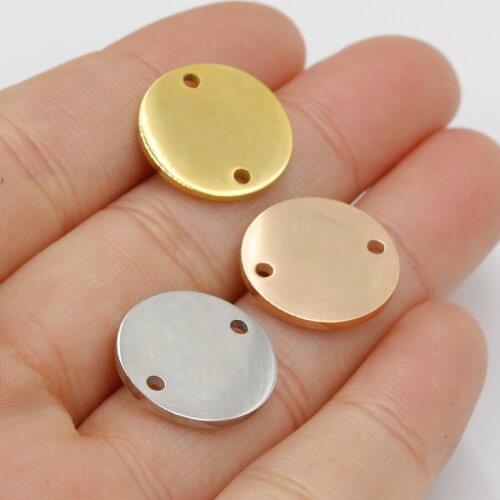 50pcs 8-30mm Rose Gold Color Mirror Polish Stainless Steel Round Connector Pendants 2hole Stamping Blanks For DIY Tag