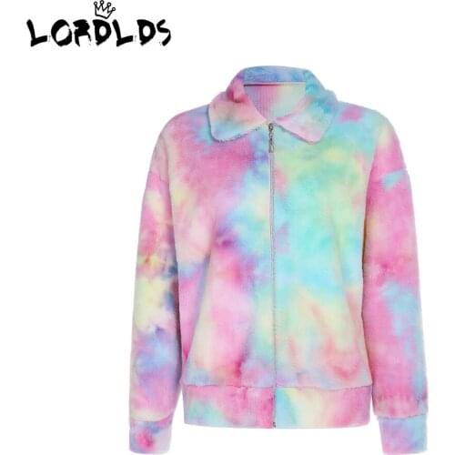 LORDLDS Women Rainbow Oversize Jacket Harajuku Streetwear Fleece Zipper Jacket Ladies Faux Fur Coat Woman Autumn