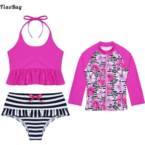 TiaoBug Summer 3Pcs Kids Girls Swimwear Floral Print Long Sleeves Front Zipper Closure Tops With Crop Tops And Briefs Set Bikini