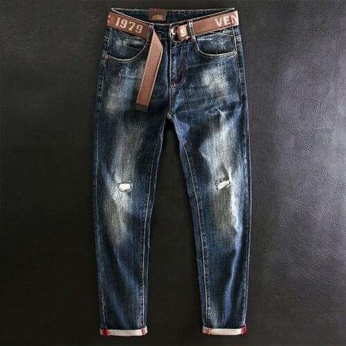 Italian Style Fashion Men Jeans High Quality Elastic Slim Fit Retro Blue Ripped Jeans Men European Vintage Designer Casual Pants