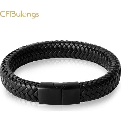 CFBolongs Punk Men Braided Leather Bracelet Black Stainless Steel Magnetic Buckle Fashion Jewelry Couple Gift
