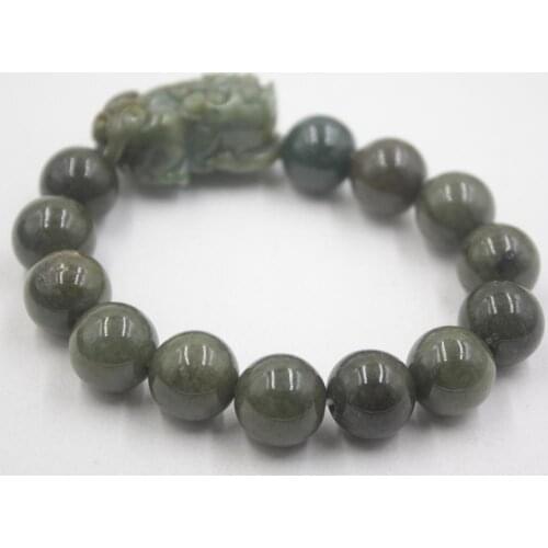 Natural Grade A 13mm Oil Green Bead with Pixiu Jade (Jadeite) Bracelet Unisex
