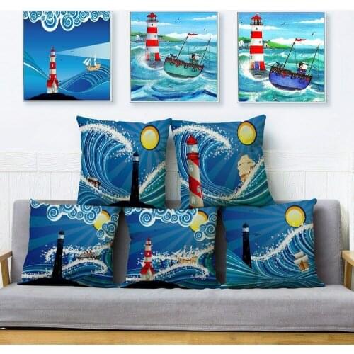 Cartoon Ocean Lighthouse Print Throw Pillow Cushion Cover Linen Pillow Case Sofa