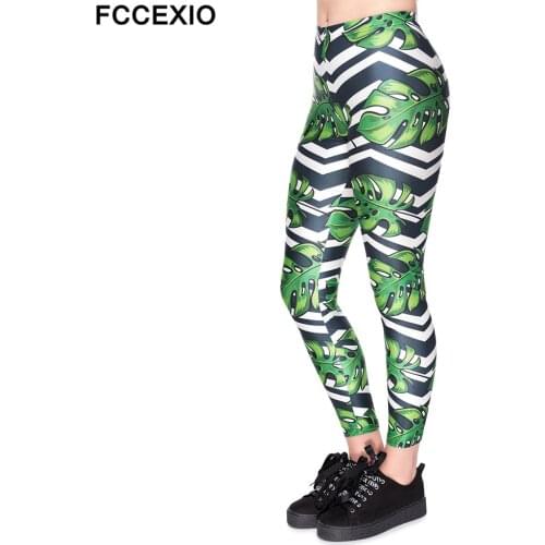 FCCEXIO New Women Fitness Leggings Workout Leggins Punk Legging Slim High Waist Strange Weeds 3D Print Fashion Push up Pants