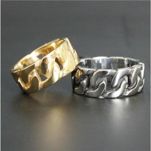 Drop Ship Size 7~13 Fashion Simple Style Black Gold Chains Ring 316L Stainless Steel Jewelry Motor Biker Chain Biker Ring