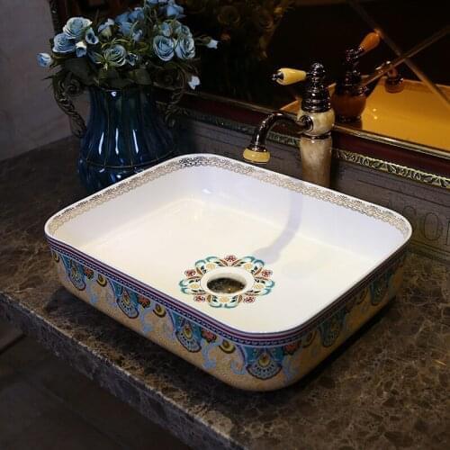 Rectangular Ceramic Counter Top Wash Basin Cloakroom Hand Painted Vessel Sink bathroom sinks bowl top sinks