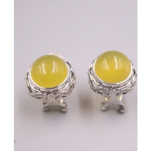 Genuine Real 925 Sterling Silver Floral with Yellow Chalcedony Stud Earrings 0.62inch Width