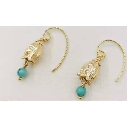 Muguet Flower Dangle Earrings Turquoise Natural Stones Pendant Charm 14K Gold Filled Unusual For Women Girl Fine Jewelry Gift