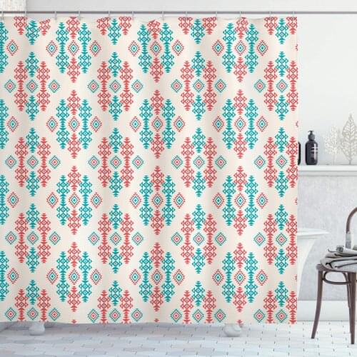 Ethnic Shower Curtain Traditional Local Design Elements Bathroom Decor Set with Hooks 84" Long Extra Turquoise White