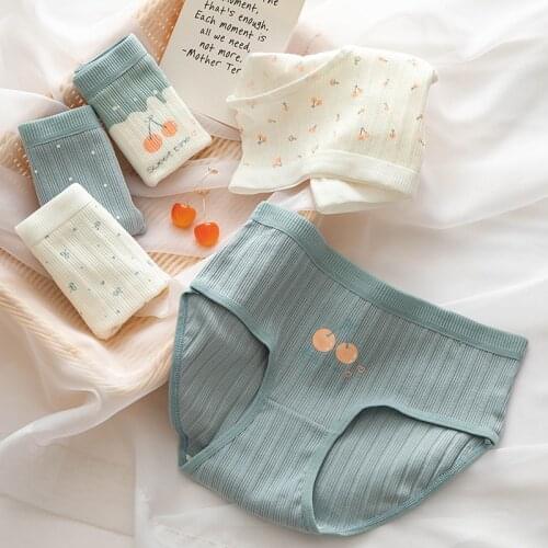 Women Panties Cotton Screw Thread Knickers Fashion Sexy Lace Female Cute Girl Cherry Briefs Soft Breathable Underwear Lingeries