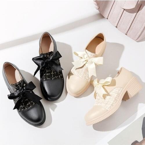 Ochanmeb Sweet Cute Kawaii Women Shoes for Autumn Brand Plaid Tweed Riband Bow-knot Woman Derby Shoes British Chunky Heels Pumps