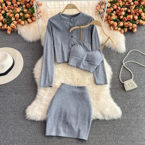 Womens Three Pieces Korean Casual O-neck Solid Color Tops& Camisole& High Waist Elastic Skirt Set Fashion Tide 2021 Autunm