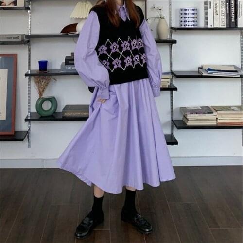 Women Sets Printed V-neck Vests High Waist Loose Single Breasted K awaii Purple Dress Sweet Lovely Ins 2 Pieces Set